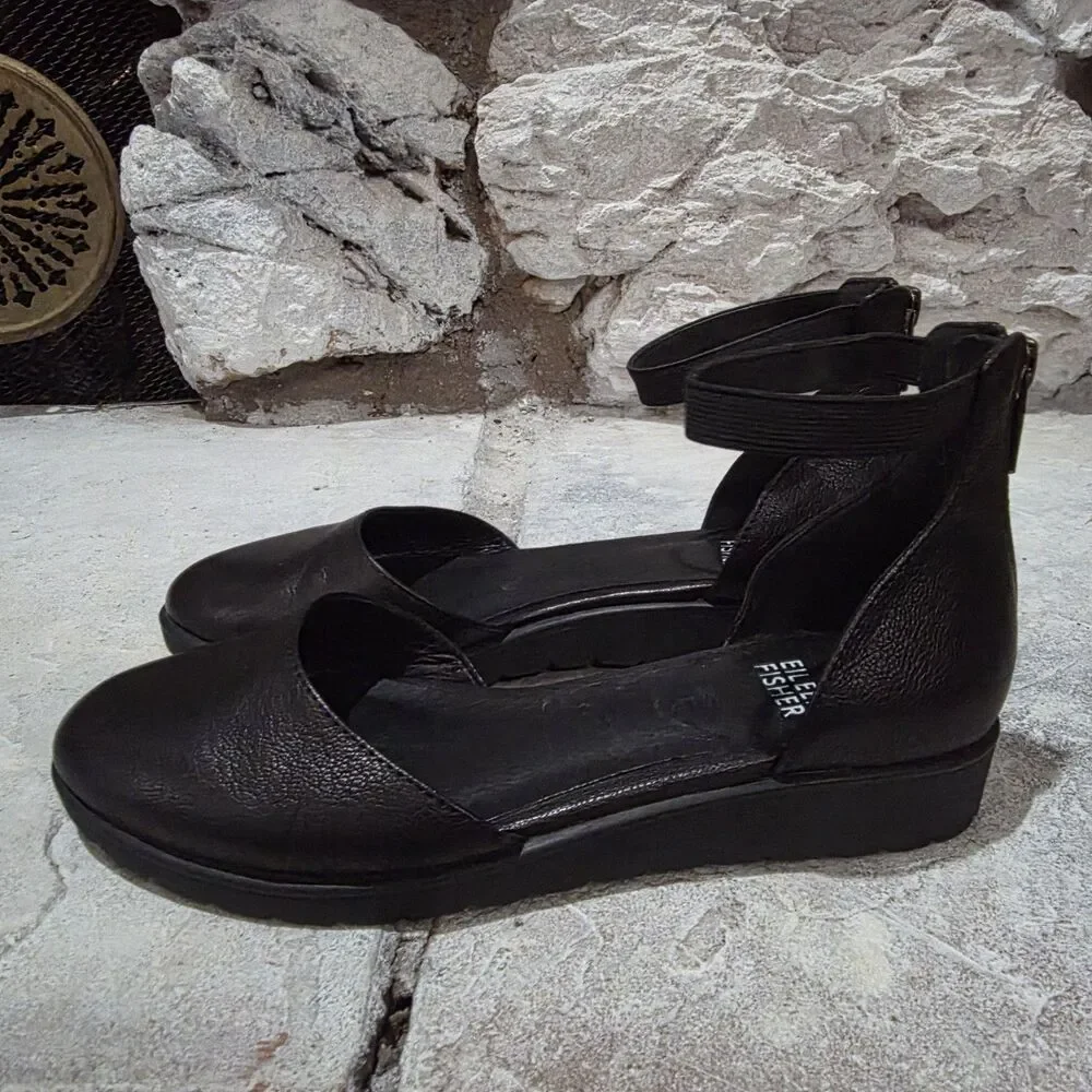 Eileen Fisher Sue Leather Flats Ankle Strap 5 1/2 Heel Shoes Black Minimalist